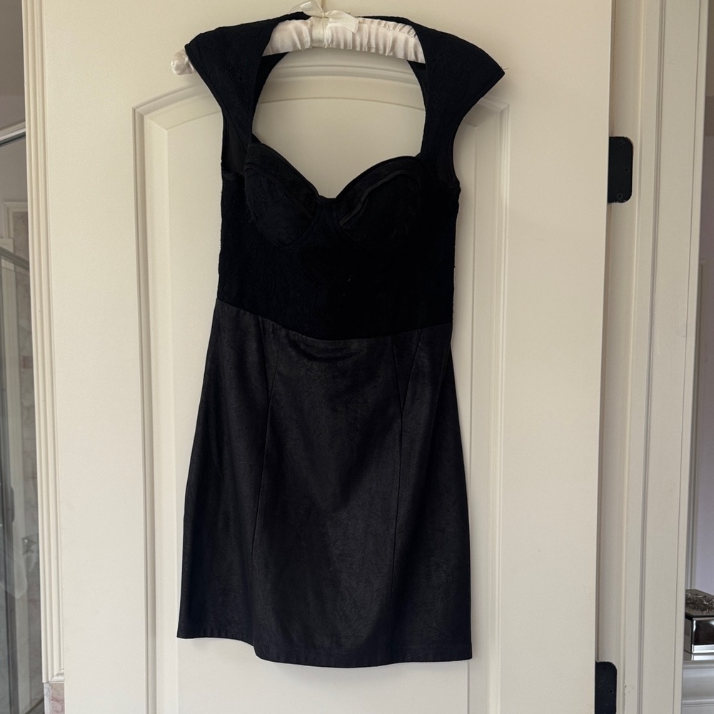 Guess Black Lace & Faux-Leather Mini Dress